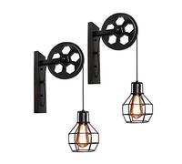 Vintage Applique Murale Industrielle Poulie Design Suspension Métal en forme Cage Noir Rétro E27 Lampe de Mur Loft Corde Ajustable