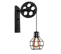 Vintage Applique Murale Industrielle Poulie Design Suspension Métal en forme Cage Noir Rétro E27 Lampe de Mur Loft Corde Ajustable