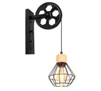 Vintage Applique Murale Industrielle Poulie Design Suspension Métal en forme Cage Noir Rétro E27 Lampe de Mur en Bois Loft Corde Ajustable (B-en bois-1)