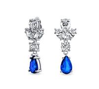 Vintage Art Deco Style Simulée Bleu Saphir Cubique Zirconia Aaa Cz Dclaration Pendre Formal Leaves Teardrop Lustre Clip On Earrings Wedding Prom Plaqué Argent