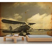 Vintage avion peinture murale - design biplan classique, grand fond d'écran autocollant pour salon/chambre à coucher à thème rétro 280x200cm (Non autocollant)