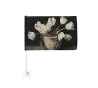 Vintage blanc tulipes dans un vieux pot d'argile Cottagecore drapeau de voiture extérieur fenêtre clip 30 x 45 cm double face décoration de voiture