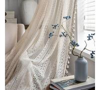 Vintage Boho Opaque Rideaux en coton lin avec glands et crochet tricotés pour salon chambre à coucher maison de campagne,Beige,150x260cm