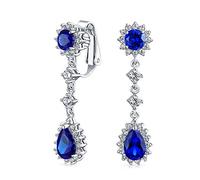 Vintage Bridal Simulée Blue Sapphire Statement Pave Crown Halo Cubic Zirconia AAA CZ Long Dangling Oval Teardrop Lustre Clip On Earrings For Women Non-Pierced (Boucles D'Oreilles À Pince Pour Femmes)