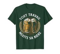 Vintage Buveurs De Bière Humour Tout Travail Mérite Sa Bière T-Shirt, Homme, Vert Forêt, 3XL
