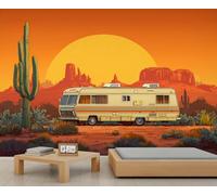 Vintage Camper dans le Mur d'Art du Sud-Ouest désert, Paysage de coucher de soleil avec camping-car, Art mural unique pour l'ambiance de la maison 100x100cm (Non autocollant)