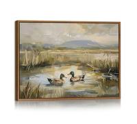 Vintage Canard Colvert Tableau Decoration Murale Avec Cadre, Rustique Printemps Étang Roseaux Impression Sur Toile Nature Campagne Lac Affiche Peintures Decor Mural Maison pour Salon Chambre 30X40cm