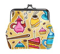 Vintage Cartoon Coffee Beans Cake Tea Cup Pattern Coin Purse Vintage Pouch Buckle Clutch Bag Kiss-Lock Change Purse Fermoir Fermeture Portefeuilles pour Femme Fille
