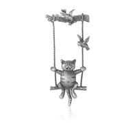 Vintage chat sur Swing broche, ton argent animal broche avec des oiseaux, Unique chat épinglette pour les tenues, 8,4x3,9 cm, 16,3g