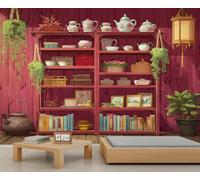 Vintage Chinese Tea Set & Bookcase Murale, Décoration Bohème Rustique pour Salon & Cuisine, Grand Papier Peint Démontable 100x100cm (Non autocollant)