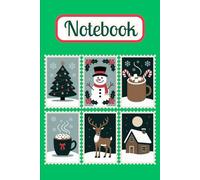 Vintage Christmas Postage Stamp Illustration Notebook Green Cover: Retro Holiday Stamps with Snowman, Tree, Cocoa, Reindeer, Cottage and Stocking