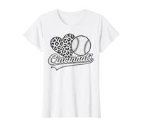 Vintage Cincinnati Baseball Leopard Heart Baseball Fans T-Shirt Graphique avec Valeur, Femme, Blanc, M