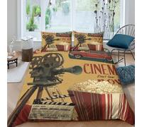 Vintage Cinema Linge de Lit résistante 3 pièces 3D Effet Confortable Movie Theater Art Style Housse de Couette avec Fermeture Éclair Respirante for Chambre de Adolescents Single（135x200cm）