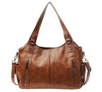 Vintage City Bag, Soft PU Leather Zip Tote Bags for Women, Large Shoulder Bags with Zipper, Fashion Hobo Bags Purse Handbag Satchel, Crossbody Multi Pockets Slouchy Bag (Brown)