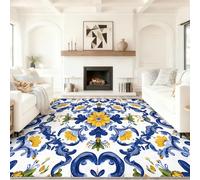 Vintage Classique Tapis de Salon Lavable en Machine Antiderapant | Imprimé Carreaux Floraux Bleu Jaune Géométrique, Tapis Doux et Léger pour Salle à Manger Chambre Couloir Bureau 160 x 230 cm