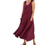 Vintage Coton Lin Robes Longues pour Femmes D'été Couleur Unie sans Manches Boho Maxi Robe Poche Lâche Débardeur Robe Plus La Taille 5XL-Vin-XL