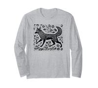 Vintage Cottagecore Folk Art Fox Linogravure Manche Longue