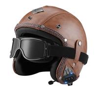 Vintage Cuir Bluetooth Casques Jet De Moto Hommes Et Femmes Matériau ABS Rétro Demi Casques pour Scooter Electric Car Safety Bluetooth Casque DOTECE Homologué 6,XL:61-62CM