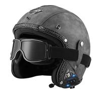 Vintage Cuir Bluetooth Casques Jet De Moto Hommes Et Femmes Matériau ABS Rétro Demi Casques pour Scooter Electric Car Safety Bluetooth Casque DOTECE Homologué 3,M:57-58CM