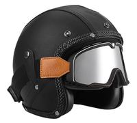 Vintage Cuir Casque De Moto Jet, Casque Moto Scooter, Casque Bol Casque Scooter 3/4 avec Lunettes IntéGréEs, ECE Homologué Face Ouverte Casque Mobylette Adulte F02, L(57~58cm)