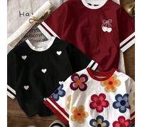 Vintage Dopamine Floral, Rayures blocs de couleurs, Cœur, Nœud Cerise, Chill Chill, Tops Graphiques Bébé & Enfants, Ensemble 3 Pièces Simple Décontracté Ample Épaules Tombantes T-Shirt Manches Courtes