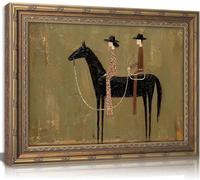 Vintage doré encadré moderne cheval occidental art mural, décor abstrait | Peinture texturée rustique du sud-ouest des cavaliers équestres, impression d'art populaire antique pour chambre à coucher