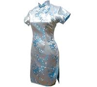 Vintage Dragon et Phénix Short Qipao Élégant Femmes Cheongsam Mandarin Col Sexy Mini Robe Chinoise Oversize Bleu Clair 6XL, bleu clair, XXXXXXL