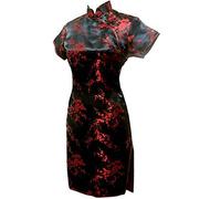 Vintage Dragon et Phoenix Short Qipao Élégant Femmes Cheongsam Mandarin Col Sexy Mini Robe Chinoise Oversize, Noir 2, S