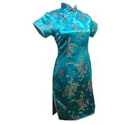 Vintage Dragon et Phoenix Short Qipao Élégant Femmes Cheongsam Mandarin Col Sexy Mini Robe Chinoise Oversize, bleu lac, M