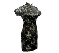 Vintage Dragon et Phoenix Short Qipao Élégant Femmes Cheongsam Mandarin Col Sexy Mini Robe Chinoise Oversize, noir 1, M