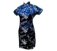 Vintage Dragon et Phoenix Short Qipao Élégant Femmes Cheongsam Mandarin Col Sexy Mini Robe Chinoise Oversize, Bleu marine 2., M