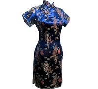 Vintage Dragon et Phoenix Short Qipao Élégant Femmes Cheongsam Mandarin Col Sexy Mini Robe Chinoise Oversize, Bleu marine 1., M