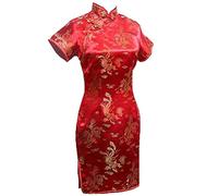 Vintage Dragon et Phoenix Short Qipao Élégant Femmes Cheongsam Mandarin Col Sexy Mini Robe Chinoise Oversize, Rouge 1, S