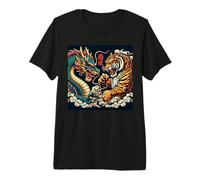 Vintage Dragon Japonais Combat Tigre Folklore Asiatique Hommes T-Shirt Haut de Gamme