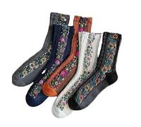 Vintage Embroidered Floral Socks,Floral Knitting Pattern Socks,Women's Floral Design Vintage Crew Socks Ethnic Jacquard Knit Set (5Pairs)