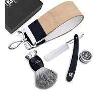 Vintage Ensemble de Rasage pour Hommes par Haryali London (Rasoir Coupe Chou Droit, Blaireau de Rasage, Cuir Estrope avec Pâte / Baume )