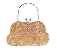 Vintage Ethnic Style Evening Bags Fashion Round Beaded Flower Clutches Handle Handbags Shoulder Bag For Women(Gold)