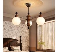 Vintage Farmhouse Kitchen Milk Glass Fixture 3 Semi Flush Mount Chandelier Rustic Wood Mid Century Ceiling Light for Bedroom Dining Living Room