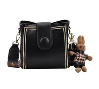 Vintage Fashion Bag with Adjustable Wider Shoulder Strap, Women's Retro Fashion Bucket Bag with Cute Rabbit Pendant (Black)