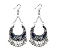 Vintage Femmes Bohémiennes Demi-Cercle Bells Gland Dangle Crochet Boucles Doreilles Bijoux Cadeau - Silver + White Finition Exquise