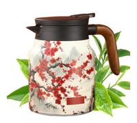 Vintage Floral Pattern Tea, Built-In Infuser, Stainless Steel Tea Pot, with Lid for Hot Drinks, for Loose Tea, Long Time Insulation (Red Plum, Wooden Handle, 1000ml)