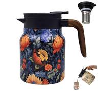 Vintage Floral Pattern Tea Thermos - Built-In Infuser, Tea Thermos with Infuser, Doresty Thermos Tea Pot, Stainless Steel Thermal Carafe with Lid for Hot Drinks 1000ml (Blue Yellow)
