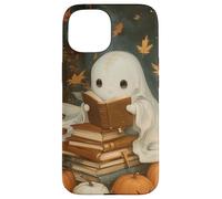 Vintage Ghost Reading Books Fall Leaves Theme Coque pour iPhone 15