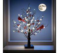 Vintage Glowing Tree with Cardinal, 21inch LED Glowing Tree with Cardinal and Berries, Operated by Battery Twinkle Trees Lamp with Lighted Branches, for Halloween, Christmas