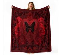 Vintage Gothique Douce Duveteuse Couverture Polaire en Flanelle, Papillons Cœurs Fleurs Confortable et Chaude Couvertures, Rouge Noir Facile à Ranger pour Un Usage Domestique Quotidien, 150 x 200 cm