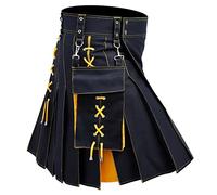 Vintage Gothique Punk Rock Homme Guerrier Médiéval Kilt Mode Cuir Patchwork Pocket Knight Rock Costume Jupe Écosse Carnaval Kilt Traditionnel, jaune, L