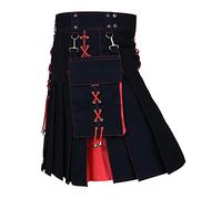 Vintage Gothique Punk Rock Homme Guerrier Médiéval Kilt Mode Cuir Patchwork Pocket Knight Rock Costume Jupe Écosse Carnaval Kilt Traditionnel, rouge, XL