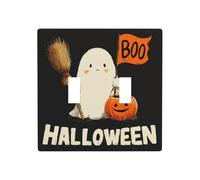 Vintage Halloween fantôme tenant un balai citrouille double gang bascule plaque murale interrupteur décor taille standard - 11,4 x 11,4 cm