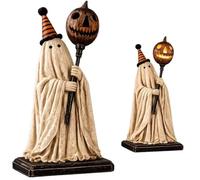 Vintage Halloween Lighted Ghost Figurine With Pumpkin Staff,Light Up Pumpkin Resin Ghost Sculpture, Retro Sheet Ghost Tabletop Decor, Farmhouse Gothic Halloween Mantel Shelf Ornament
