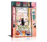 Vintage Henri Matisse Chat Tableau Decoration Murale Avec Cadre, Drôle Ouverte Fenêtre Noir Chat Impression Sur Toile Colorés Animaux Peintures Decor Mural Maison pour Salon Chambre Cuisine 40X60cm